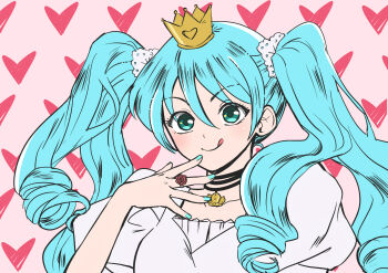 1girl :p aqua_eyes aqua_hair aqua_nails commentary crown dress drill_hair hatsune_miku heart highres jewelry lone_nape_hair looking_at_viewer necklace ring shizuka_(tohrkgk) sidelocks solo tongue tongue_out twintails upper_body vocaloid white_dress world_is_mine_(vocaloid)
