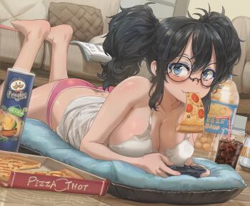 1girl ass barefoot big_hair black_hair blue_eyes blush body_freckles borrowed_character brand_name_imitation breasts camisole cheese_puffs cleavage colored_eyelashes commentary_request controller couch cup cushion dimples_of_venus drink drinking_glass drinking_straw dutch_angle eating fang fang_out feet feet_up female_focus food food_in_mouth freckles free_style_(yohan1754) game_controller glasses highres holding huge_filesize indoors large_breasts long_hair looking_at_viewer lying makeup mascara mouth_hold on_floor on_stomach original panties pink_panties pizza pizza_box pizza_thot playing_games pringles round_eyewear shiny_skin shoulder_freckles smile soda solo the_pose tips tips_(gats) twintails underwear underwear_only wooden_floor