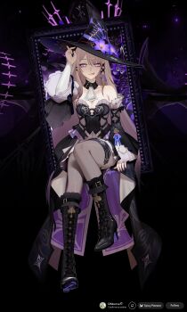 1girl :p absurdres bare_shoulders black_background black_dress black_hat black_pantyhose black_shoes black_sleeves breasts detached_sleeves dress glowing glowing_eyes grey_hair hand_up hat herta_(honkai:_star_rail) highres honkai:_star_rail honkai_(series) long_hair looking_at_viewer ohkurrva pantyhose picture_frame purple_eyes shoes sitting small_breasts solo the_herta_(honkai:_star_rail) tongue tongue_out witch_hat