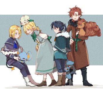 1girl 3boys arms_behind_back ascot belt black_footwear black_fur black_hair blonde_hair blue_ascot blue_eyes blue_fur blue_pants boots bow braid brown_coat brown_eyes brown_footwear capelet child coat cottonee crossover dimitri_alexandre_blaiddyd dimitri_alexandre_blaiddyd_(young) dress felix_hugo_fraldarius fire_emblem fire_emblem:_three_houses fur_trim gen_1_pokemon gen_4_pokemon gen_5_pokemon green_belt green_bow green_dress green_ribbon hair_between_eyes hand_on_own_hip highres holding holding_pokemon ingrid_brandl_galatea leaf long_braid long_coat long_hair long_sleeves looking_at_another looking_down multiple_boys multiple_tails narrowed_eyes nintendo orange_eyes orange_fur orange_hair pants pokemon pokemon_(creature) ponytail queqiansuzume red_eyes red_hair ribbon riolu shinx shoes simple_background sitting sleeping sleeping_on_person sylvain_jose_gautier tail tunic vulpix white_footwear white_fur