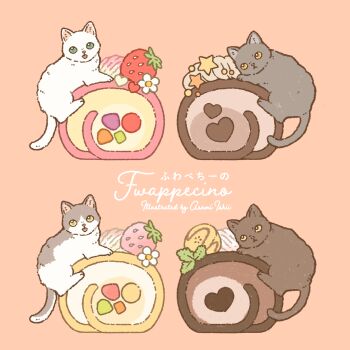 Rule 34 | absurdres, animal, animal focus, baby animal, black cat, cake, cat, commentary request, dessert, food, food focus, fruit, fwappecino, grey cat, highres, kitten, no humans, orange background, original, pastry, simple background, strawberry, sweets, swiss roll, white cat