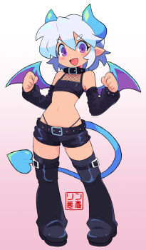1girl boots collar crop_top crossdressing demon demon_boy demon_tail detached_sleeves fang full_body gradient_background highres horns looking_at_viewer open_mouth pointy_ears purple_eyes rin_nightmare simple_background solo sulfur tail thigh_boots thong trap white_hair wings