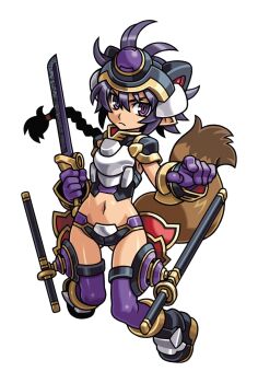 Rule 34 | 1girl, ankle boots, antenna hair, armor, black armor, black panties, boots, braid, brown tail, closed mouth, commentary request, gloves, gold trim, harakawa mitsuhiro, headgear, holding, holding sword, holding weapon, long hair, matsuhime mujina, midriff, multicolored armor, navel, official art, panties, pointy ears, purple armor, purple eyes, purple gloves, purple hair, purple thighhighs, raccoon girl, raccoon tail, sheath, shinrabanshou, silver armor, single braid, solo, sword, tail, thighhighs, third-party source, transparent background, underwear, weapon