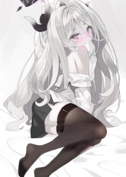 1girl ahoge ass black_halo black_horns black_skirt black_thighhighs blue_archive blush commentary_request crying crying_with_eyes_open demon_girl demon_horns feet hair_between_eyes hair_over_shoulder halo hand_up highres hina_(blue_archive) horns loli long_hair long_sleeves looking_at_viewer looking_back lying marant38 multiple_horns no_shoes no_wings off_shoulder on_bed on_side open_clothes open_shirt parted_bangs purple_eyes shirt shirt_partially_removed simple_background sitting skirt sleeves_past_fingers sleeves_past_wrists solo tears thighhighs unbuttoned unbuttoned_shirt very_long_hair white_background white_hair white_shirt zettai_ryouiki