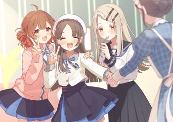 4girls ahoge apron arm_around_shoulder belt_buckle beret black_overskirt black_sailor_collar black_skirt blonde_hair blue_dress blue_neckerchief blue_ribbon blue_skirt blunt_bangs blunt_ends blurry blurry_background blurry_foreground blush brown_hair buckle cake cardigan closed_mouth collared_shirt colored_eyelashes commentary_request cropped_jacket depth_of_field dress flipped_hair food fruit gakuen_idolmaster grey_hair grey_shirt hair_bun hair_ornament hair_rings hairclip hanami_ume hand_grab hand_on_another&#039;s_shoulder hand_up hands_up hat hatsuboshi_gakuen_school_uniform highres holding holding_plate holding_spoon idolmaster indoors jacket juliet_sleeves kuramoto_china laurels long_hair long_sleeves looking_at_viewer maid maid_apron maid_headdress mmmakaron888 multicolored_hair multiple_girls neck_ribbon neckerchief open_mouth orange_eyes overskirt parallel_hairclips parted_bangs picture_frame pink_cardigan plaid_clothes plaid_dress plate pleated_skirt puffy_sleeves ribbon sailor_collar school_uniform serafuku shinosawa_hiro shirt side_up_ring sidelocks single_hair_bun skirt spoon strawberry strawberry_shortcake v white_apron white_hat white_headdress white_jacket white_shirt