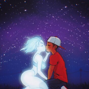 1boy 1girl artist_self-insert backwards_hat bad_id bad_twitter_id baseball_cap blue_hair bra breasts colored_skin commentary dark-skinned_male dark_skin english_commentary facial_hair ghost glowing goatee hat hetero highleg highleg_panties highres holding_hands kiss large_breasts medium_hair night nose original outdoors panties real_life_insert robaato see-through_clothes seiza shirt sitting sky star_(sky) starry_sky t-shirt underwear v_arms very_dark_skin white_skin