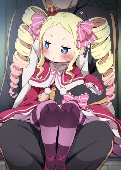 1boy 1girl ? beatrice_(re:zero) black_jacket blonde_hair blue_eyes blush child commentary_request crown dagasi dress drill_hair hair_ribbon hetero highres jacket natsuki_subaru pantyhose pink_pantyhose pink_ribbon purple_thighhighs re:zero_kara_hajimeru_isekai_seikatsu red_dress ribbon sitting sitting_on_lap sitting_on_person striped_clothes striped_pantyhose thighhighs track_jacket twin_drills