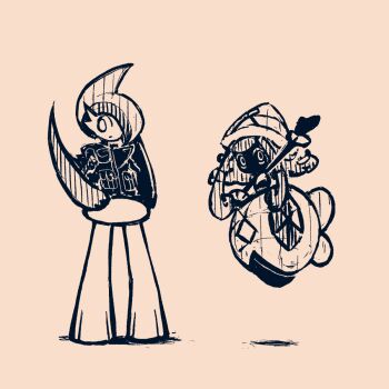 1boy 1girl arm_blade arm_up assault_vest_(pokemon) bandeau closed_mouth flat_chest floating full_body gallade gen_4_pokemon gen_7_pokemon hair_over_one_eye hands_on_own_hips hat highres legendary_pokemon long_hair looking_afar looking_at_viewer looking_to_the_side mohawk monochrome nanami_marron nintendo no_mouth one_eye_covered outstretched_arm pink_background pocket pokemon pokemon_(creature) short_hair sidelocks simple_background standing tapu_lele vest waving weapon