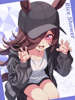 1girl animal_ears baseball_cap black_jacket black_shorts black_socks blush breasts brown_hair character_name claw_pose cloak collarbone commentary_request ears_through_headwear flipped_hair hair_over_one_eye hat highres hokuyukis hood hooded_cloak horse_ears horse_girl horse_tail jacket long_hair looking_at_viewer open_clothes open_jacket open_mouth purple_eyes rice_shower_(umamusume) shirt shoes shorts small_breasts smile socks solo squatting tail umamusume white_shirt
