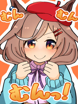 Rule 34 | 1girl, animal ears, breasts, brown eyes, brown hair, casual, clenched hands, closed mouth, commentary request, ei ei mun!, hair between eyes, hair ornament, hairclip, hat, highres, horse ears, looking at viewer, matikanetannhauser (umamusume), smile, solo, twitter username, umamusume, white background, yuyunoya