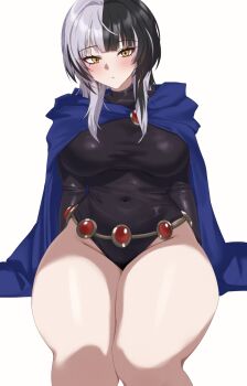 alternate_costume black_hair black_leotard blue_cape blush breasts cape cosplay covered_navel dc_comics highres hololive hololive_english large_breasts leotard long_hair looking_at_viewer multicolored_hair navel open_mouth raven_(dc) raven_(dc)_(cosplay) shiori_novella smile solo split-color_hair teen_titans two-tone_hair virtual_youtuber white_hair yobi_(ybpac18)