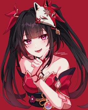 1girl arm_behind_back bare_shoulders bell black_choker black_hair blunt_bangs choker circle_facial_mark collarbone detached_sleeves dress facial_mark finger_to_cheek fox_mask hair_ornament highres honkai:_star_rail honkai_(series) honkai_impact_3rd light_blush looking_at_viewer lower_teeth_only mask mask_on_head mole mole_under_each_eye mole_under_eye multiple_moles nail_polish open_mouth pink_eyes pochimaru_(marumaru_wanwan) red_background red_dress red_nails red_sleeves short_sleeves simple_background sleeveless sleeveless_dress smile solo sparkle_(honkai:_star_rail) symbol_in_eye teeth tongue twintails twitter_username upper_body waistband