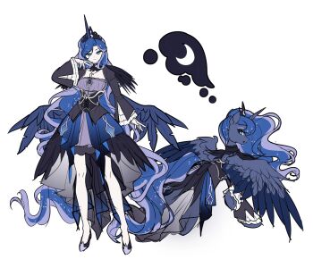 Rule 34 | 1girl, alus (aluslikefafa), animal, aqua eyes, bell sleeves, black corset, black crown, black shoes, black skirt, black sleeves, blue fur, blue hair, blue skirt, blue tail, blue wings, brooch, clothed animal, commentary request, corset, creature and personification, crescent, crescent necklace, crescent print, crown, cutie mark, dress, flats, frilled sleeves, frills, from behind, full body, gold trim, hand on own chin, high-low skirt, highres, horse, horse tail, humanization, humanized skin color, jewelry, lace, lace-trimmed collar, lace-trimmed dress, lace trim, layered skirt, layered sleeves, long hair, looking at another, looking at viewer, moon print, multicolored hair, multicolored shoes, my little pony, my little pony: friendship is magic, necklace, overskirt, pale skin, parted bangs, personification, princess luna, purple dress, purple hair, purple shoes, purple tail, shoes, side part, simple background, skirt, sleeve slit, smile, solo, square neckline, tail, two-tone hair, two-tone shoes, two-tone tail, unicorn girl, unicorn horn, very long hair, wavy hair, white background, white sleeves, wide sleeves, winged unicorn, wings