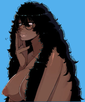 1girl black-framed_eyewear black_hair blue_background breasts broccoli_(ohasi) brown_eyes commentary dark-skinned_female dark_skin face_piercing fingernails glasses hand_on_own_cheek hand_on_own_face hand_up kinky_hair large_breasts lip_piercing long_fingernails long_hair nipples nose_piercing nostril_piercing nude ohasi original parted_lips piercing round_eyewear side_labret_piercing smile symbol-only_commentary thick_lips very_dark_skin
