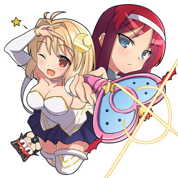 1boy 2girls :d \m/ animal_ear_fluff animal_ears arcueid_brunestud bare_shoulders blue_eyes blush boots breasts camera carnival_phantasm cat_boy cleavage commentary_request detached_sleeves dress gold_trim hairband highres holding holding_camera holding_wand huge_breasts itsuka_neru looking_at_viewer magical_girl miniskirt multiple_girls neco-arc_evolution neco_spirit one_eye_closed open_mouth phantas-moon phantasm_rod pointing pointing_at_viewer red_eyes red_hair skirt smile spoken_star star_(symbol) thigh_boots thighs tohno_akiha toono_akiha tsukihime vermillion_akiha wand white_boots white_dress