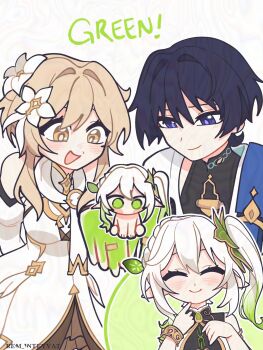 1boy 2girls adversarial_noise armlet arms_behind_back bare_shoulders black_bodysuit blonde_hair blue_cape blunt_ends blush bodysuit bracelet brown_skirt cape choppy_bangs closed_mouth commentary detached_sleeves dress english_commentary english_text eyeliner facing_viewer flower frilled_skirt frills gem genshin_impact gold gold_ring gold_trim green_gem green_hair hair_between_eyes hair_flower hair_intakes hair_ornament half_crown_braid hands_up highres holding index_finger_raised japanese_clothes jewelry kimono leaf leaf_hair_ornament long_hair lumine_(as_heaven_and_earth_are_made_anew)_(genshin_impact) lumine_(genshin_impact) makeup mandarin_collar middle_ring mini_person minigirl multicolored_hair multiple_girls nahida_(genshin_impact) official_alternate_costume open_mouth pointing pointing_at_viewer purple_eyes purple_pupils red_eyeliner remhotaru scaramouche_(genshin_impact) scarf short_hair short_hair_with_long_locks shoulder_peek side_ponytail sidelocks skirt skirt_under_dress smile streaked_hair tareme tsurime wanderer_(genshin_impact) white_background white_dress white_flower white_hair white_kimono white_scarf white_sleeves yellow_eyes