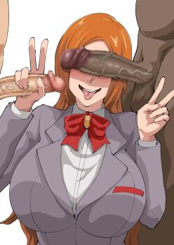 Rule 34 | 1girl, 2boys, bleach, blush, breasts, censored, cheating (relationship), dark-skinned male, dark skin, highres, inoue orihime, iwao178, large breasts, long hair, mosaic censoring, multiple boys, nude, open mouth, orange hair, penis covering eyes, penis grab, school uniform, simple background, tongue, tongue out, v, white background