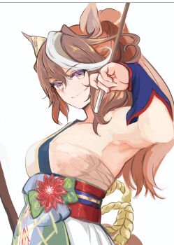 Rule 34 | 1girl, absurdres, animal ears, arrow (projectile), bow (weapon), breasts, brown hair, chest sarashi, commentary request, ear covers, ear ornament, hadanugi dousa, hair between eyes, highres, holding, holding arrow, holding bow (weapon), holding weapon, horse ears, horse girl, horse tail, japanese clothes, kimono, leaf print, long hair, multicolored hair, official alternate costume, open kimono, ponytail, purple eyes, sarashi, shimura (hosshi), single ear cover, single vambrace, smile, solo, streaked hair, symboli rudolf (archer of the white moon) (umamusume), symboli rudolf (umamusume), tail, umamusume, vambraces, weapon, white hair