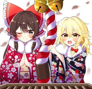 Rule 34 | 2girls, alternate costume, bagu (bagubagu cr7), black kimono, blonde hair, blush, bow, box, braid, brown eyes, brown hair, closed mouth, commentary request, donation box, fang, floral print, frilled bow, frilled hair tubes, frills, fur-trimmed kimono, fur trim, furisode, hair bow, hair tubes, hakurei reimu, hatsumoude, highres, japanese clothes, kimono, kirisame marisa, kouhaku nawa, long hair, long sleeves, looking at viewer, multiple girls, new year, no headwear, obi, obijime, one eye closed, palms together, praying, print kimono, red bow, red kimono, rope, sash, shimenawa, shrine, shrine bell, side braid, single braid, smile, touhou, wide sleeves, yellow eyes, yellow sash