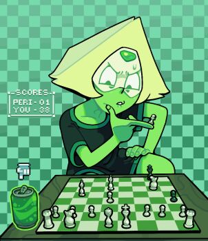 1girl alien alternate_costume animated animated_gif blonde_hair board_game can casual chess colored_skin discount-supervillain drink_can face_shield forehead_jewel gem green_skin peridot_(steven_universe) shirt short_hair solo steven_universe triangle-shaped_hair