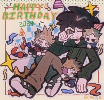2024 4boys animification artist_name birthday birthday_cake black_eyes blue_hoodie border brown_hair brown_pants bunting cake candle chinese_commentary commentary_request confetti denim edd_(eddsworld) eddsworld food green_eyes green_hoodie green_jacket green_shoes grin hair_ears happy_birthday highres holding holding_mirror hollow_eyes hood hood_down hoodie immuir jacket jeans male_focus matt_(eddsworld) mini_person miniboy mirror multiple_boys one_eye_closed pants person_on_shoulder purple_eyes red_border red_eyes red_hoodie shoes short_hair simple_background sitting smile sneakers solo_focus sparkle spiked_hair star-shaped_pupils star_(symbol) symbol-shaped_pupils thick_lineart tom_(eddsworld) tord_(eddsworld) yellow_background