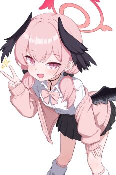 1girl black_bow black_skirt black_wings blue_archive bow bowtie cardigan collared_shirt feet_out_of_frame hair_bow halo head_wings highres io9 koharu_(blue_archive) korean_commentary leaning_forward low_wings open_mouth pink_bow pink_bowtie pink_cardigan pink_eyes pink_hair red_halo shirt simple_background skirt sleeves_past_wrists smile socks solo standing v white_background white_shirt white_socks wings