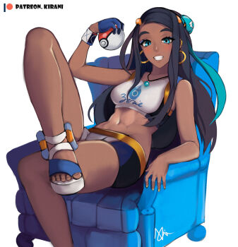 1girl aqua_hair armchair bad_id bad_pixiv_id bikini black_hair blue_eyes breasts chair crossed_legs dark-skinned_female dark_skin ear_piercing earrings fang female_focus gloves grin gym_leader hair_bun highres holding holding_poke_ball hoop_earrings jewelry kirani leg_up lips looking_at_viewer midriff multicolored_hair navel necklace nessa_(pokemon) nintendo patreon_username pendant piercing poke_ball poke_ball_(basic) pokemon pokemon_swsh sandals shorts single_glove single_hair_bun sitting small_breasts smile solo stomach swept_bangs swimsuit tankini thick_eyebrows toes toned two-tone_hair white_background
