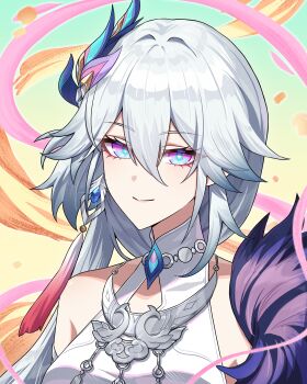 1girl absurdres bare_shoulders blue_eyes changmingsuo chinese_clothes chinese_commentary closed_mouth commentary_request dress earrings hair_between_eyes hair_ornament highres honkai:_star_rail honkai_(series) jewelry long_hair looking_at_viewer pink_eyes sleeveless sleeveless_dress smile solo white_dress white_hair xizhi_baofan yao_guang_(honkai:_star_rail) yellow_pupils