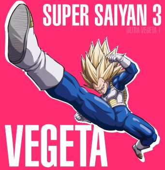 Rule 34 | 1boy, absurdres, armor, art jake, blue bodysuit, bodysuit, boots, clenched hands, clenched teeth, dragon ball, dragon ball daima, full body, gloves, green eyes, highres, kicking, long hair, no eyebrows, pink background, saiyan armor, simple background, solo, spiked hair, super saiyan, super saiyan 3, teeth, vegeta, white armor, white boots, white gloves