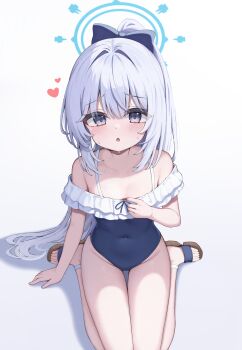 1girl blue_archive blue_bow blue_halo blue_one-piece_swimsuit blush bow breasts casual_one-piece_swimsuit covered_navel frilled_one-piece_swimsuit frills groin hair_bow halo heart highres loli long_hair looking_at_viewer miyako_(blue_archive) miyako_(swimsuit)_(blue_archive) nanochie off-shoulder_one-piece_swimsuit off_shoulder official_alternate_costume one-piece_swimsuit open_mouth paid_reward_available ponytail purple_eyes sandals simple_background sitting small_breasts solo swimsuit toes very_long_hair wariza white_background white_hair