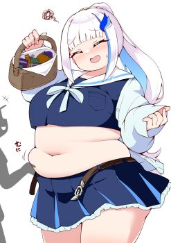 1boy 1girl basket belly belly_grab belt blue_hair blue_shirt blue_skirt blunt_bangs blush braid cardigan closed_eyes crop_top embarrassed fat fat_woman hair_ornament hand_on_another&#039;s_stomach holding holding_basket lize_helesta long_hair miniskirt muffin_top multicolored_hair nijisanji open_cardigan open_clothes open_mouth plump ponytail ponytail_with_braided_base shadow shirt shiyo_hodaka skirt squiggle standing sweat unbuckled virtual_youtuber white_background white_hair