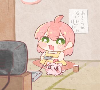 1girl ahoge angry bare_arms blush_stickers chibi chibi_only commentary controller cup double-parted_bangs dress game_console game_controller green_eyes highres holding hololive indoors kneeling long_hair maguchi_(sakura_miko) open_mouth pink_hair sakura_miko shiechyan sparkling_eyes symbol-only_commentary television translation_request v-shaped_eyebrows virtual_youtuber yellow_dress