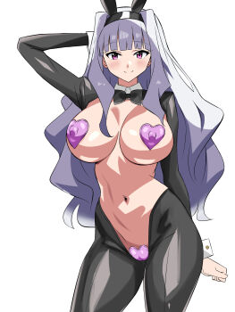 1girl animal_ear_hairband animal_ears arm_behind_head black_bow black_bowtie black_hiphighs black_shrug bow bowtie breasts closed_mouth collared_shrug commentary_request cowboy_shot fake_animal_ears grey_hair hairband heart_maebari heart_pasties highres hiphighs idolmaster idolmaster_(classic) kagemusha large_breasts long_hair looking_at_viewer maebari navel pasties pink_eyes rabbit_ear_hairband rabbit_ears reverse_bunnysuit reverse_outfit shijou_takane shrug_(clothing) simple_background smile solo standing white_background