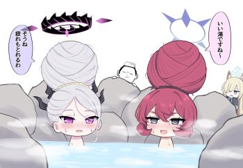 1boy 2girls :< alternate_hairstyle black_halo black_horns blue_archive blue_halo blush chibi commentary_request demon_horns doodle_sensei_(blue_archive) expressionless grey_eyes hair_bun half-closed_eyes halo highres hina_(blue_archive) horns huge_hair_bun iroha_(blue_archive) koucha_(sr4ez) multiple_girls onsen partially_submerged purple_eyes red_hair rock sensei_(blue_archive) simple_background single_hair_bun slit_pupils steam voyeurism white_background white_hair