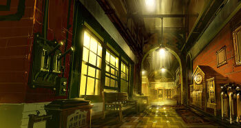 ben_lo bench bioshock bioshock_(series) bioshock_infinite ceiling_light clock door grate grill hallway indoors lever no_humans oxygen_tank painterly perspective photo_(object) reflective_floor scenery tile_floor tiles window wooden_bench