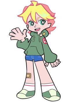 1boy bandages blonde_hair blue_eyes freckles ghostbusters_uniform green_hoodie happy highres hood hoodie junior_(psg) lightning_bolt_symbol official_style open_mouth panty_&amp;_stocking_with_garterbelt short_hair smile socks teeth theresivy upper_teeth_only waving white_socks