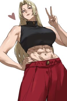 Rule 34 | 1girl, abs, absurdres, blonde hair, breasts, commentary, highres, jujutsu kaisen, large breasts, long hair, muscular, muscular female, shirt, solo, striped clothes, striped shirt, taiyang yu, tsukumo yuki (jujutsu kaisen), v