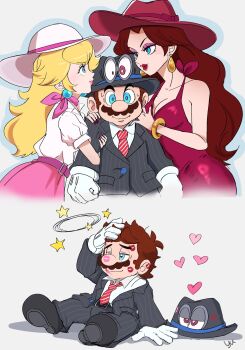 2boys 2girls after_kiss agua_mp arm_hug big_nose black_shoes blonde_hair blue_eyes breasts brown_hair cappy_(mario) cleavage dress earrings eyeshadow facial_hair formal_clothes girl_sandwich harem hat heart highres jewelry lipstick_mark lipstick_mark_on_ear lipstick_mark_on_face long_hair makeup mario mario_(series) medium_breasts multiple_boys multiple_girls mustache necktie nintendo off_shoulder pauline_(mario) pink_skirt pinstripe_pattern pinstripe_suit princess_peach red_dress red_hat red_lips sandwiched shoes skirt striped_necktie suit sun_hat super_mario_odyssey