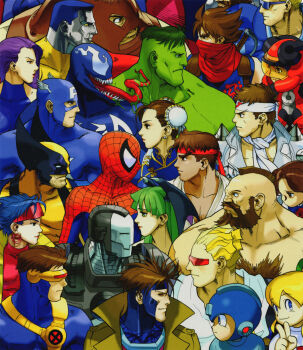 10s 4girls 6+boys armor armored_warriors beard bengus blonde_hair blue_hair bodysuit brown_eyes brown_hair bun_cover capcom captain_america captain_commando_(character) chest_hair chun-li clash colored_skin colossus_(x-men) cyberbots cyclops_(x-men) darkstalkers double_bun earrings facial_hair gambit green_eyes green_hair green_skin hair_bun head_wings headband helmet high_collar highres hulk jewelry jubilee juggernaut_(x-men) long_tongue looking_at_another marvel marvel_vs._capcom matching_hair/eyes mega_man_(character) mega_man_(series) mohawk morrigan_aensland multiple_boys multiple_girls mustache official_art open_mouth power_armor psylocke purple_hair roll_(mega_man) ryu_(street_fighter) saotome_jin scarf sharp_teeth shoulder_spikes spider-man spider-man_(series) spikes street_fighter strider_(video_game) strider_hiryuu stubble superhero_costume teeth tongue tongue_out venom_(marvel) war_machine wings wolverine_(x-men) x-men zangief
