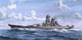 Rule 34 | absurdres, aircraft, aircraft catapult, airplane, anchor, anti-aircraft, anti-aircraft gun, battleship, blue sky, cannon, cloud, day, flag, floatplane, highres, imperial japanese navy, military vehicle, no humans, ocean, original, outdoors, range finder, seaplane, ship, ship turret, sky, smokestack, sunburst, vehicle focus, vortex (xu xuanwo), wake (wave), warship, watercraft, waves, yamato (battleship)