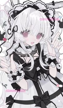 1girl :d black_bow blush bow commentary_request dress fang frills halo hands_up highres long_hair looking_at_viewer open_mouth original ribbon sensitive shi_mita simple_background skin_fang smile solo sparkle twintails white_background white_dress white_hair wrist_cuffs
