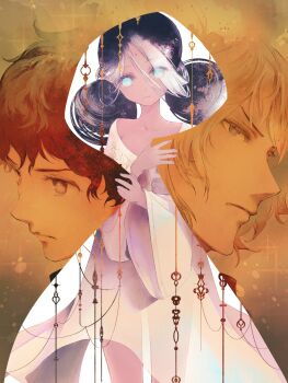 1girl 2boys amuro_ray bindi black_hair blonde_hair blue_eyes brown_hair char_aznable commentary_request dark-skinned_female dark_skin double_bun dress expressionless gundam hair_bun highres lalah_sune looking_at_viewer mobile_suit_gundam multiple_boys see-through_silhouette sumi_keiichi