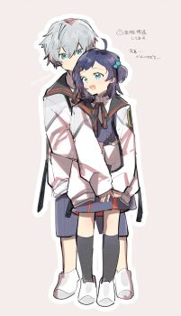 1boy 1girl aged_down belle_(zenless_zone_zero) black_socks blue_eyes blue_hair brother_and_sister commentary_request dress grey_background grey_hair hair_between_eyes hair_bobbles hair_ornament hug hug_from_behind jacket kneehighs long_sleeves open_clothes open_jacket open_mouth outline siblings simple_background sleeves_past_wrists socks standing tatumin13 white_jacket white_outline wise_(zenless_zone_zero) zenless_zone_zero