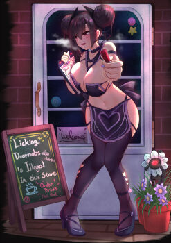 1girl agent_(girls'_frontline) apron bare_shoulders black_apron black_footwear black_hair black_thighhighs blush breasts cleavage commentary dinergate_(girls'_frontline) double_bun earrings embarrassed english_commentary flower flower_pot full_body girls'_frontline hair_bun high_heels highres holding holding_marker holding_menu jewelry large_breasts long_hair looking_away marker menu nail_polish navel outdoors parted_lips popoman purple_eyes purple_nails sangvis_ferri solo standing thighhighs