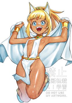 1girl ancient_egyptian_clothes animal_ears anklet areola_slip armpits blonde_hair blue_eyes bracelet breasts cat_ears dark-skinned_female dark_skin dress emit_x eyebrows_hidden_by_hair fake_animal_ears full_body groin highres holding holding_towel jewelry jumping looking_at_viewer medium_hair mega_man_(series) navel no_panties open_mouth pelvic_curtain roll_(mega_man) simple_background small_breasts smile solo tan teeth towel upper_teeth_only variant_set white_background white_dress