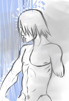 amputee boruto:_naruto_next_generations esu hair_over_one_eye male_focus monochrome muscular muscular_male naruto_(series) nude part_of_a_set showering solo spiked_hair uchiha_sasuke