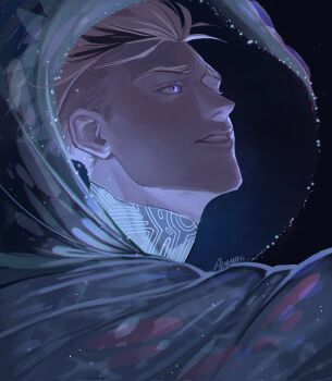 Rule 34 | 1boy, adamas lex, blonde hair, blue eyes, bodysuit, commentary, english commentary, hair slicked back, head back, highres, hood, hood up, hooded robe, male focus, millions knives, parted lips, portrait, profile, robe, short hair, smile, solo, trigun, trigun stampede, white bodysuit