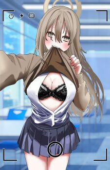 1girl absurdres akane_(blue_archive) akane_(school_uniform)_(blue_archive) black_bra blue_archive blurry blurry_background bra breasts brown_cardigan brown_hair brown_halo cardigan cardigan_lift cleavage fake_phone_screenshot fake_screenshot halo highres indoors lace lace-trimmed_bra lace_trim long_hair looking_at_viewer mouth_hold no_eyewear official_alternate_costume outstretched_arm panpen partially_unbuttoned pleated_skirt school_uniform skirt smile solo underwear user_interface viewfinder