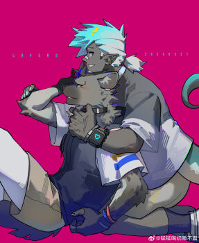 2boys 8-bit absurdres animal_ear_fluff arknights bandaid bandaid_on_face bandaid_on_nose black_hair black_socks black_vest blue_hair blush bracelet brown_pants chameleon_boy chameleon_tail commentary_request dark-skinned_male dark_skin dated dmsjji12 ear_piercing english_text ethan_(arknights) eyebrow_piercing face_piercing facial_hair fingerless_gloves furry furry_male gloves goatee grey_fur heart highres hug hug_from_behind hyena_boy hyena_ears hyena_tail jewelry looking_at_another looking_at_viewer male_focus multicolored_hair multicolored_shirt multiple_boys nail_polish pants piercing pink_background pointy_ears shirt sitting smartwatch smile socks spot_(arknights) spotted_fur streaked_hair tail vest watch watermark weibo_watermark white_footwear white_hair white_shirt wristband wristwatch