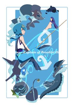 Rule 34 | 1girl, :d, absurdres, blue background, blue hair, blue one-piece swimsuit, blue pants, border, cccacademia, character name, cloyster, commentary request, dewpider, fishing rod, gen 1 pokemon, gen 2 pokemon, gen 7 pokemon, hairband, highres, lana (pokemon), lanturn, nintendo, no sclera, one-piece swimsuit, open mouth, pants, pokemon, pokemon (creature), pokemon sm, primarina, sandals, shirt, short hair, signature, sleeveless, sleeveless shirt, smile, swimsuit, swimsuit under clothes, vaporeon, wave print, white border, white shirt, wishiwashi, yellow hairband